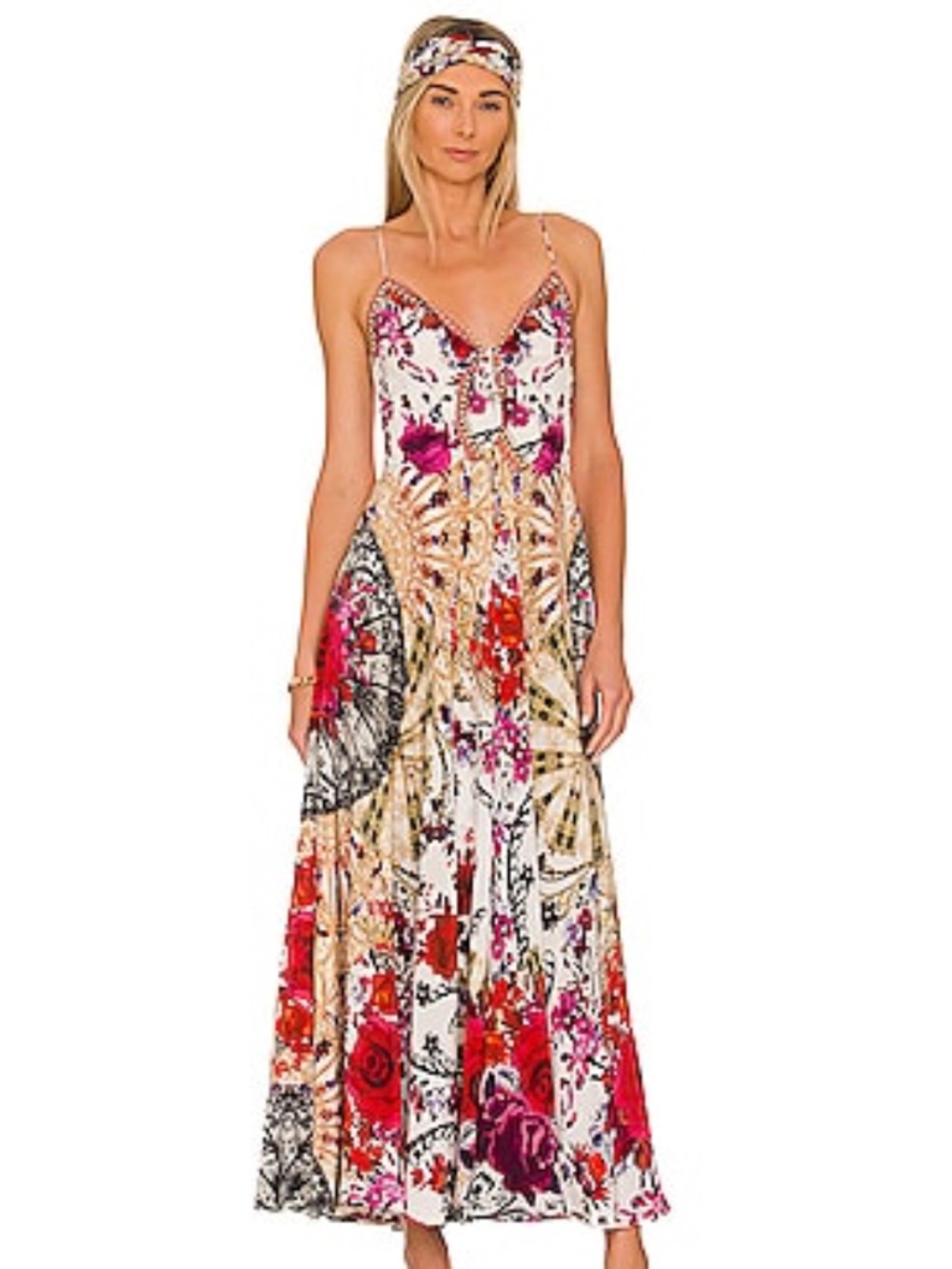 Camilla Floral & Botanical Print Maxi Dress in White, Red, Pink, Gold